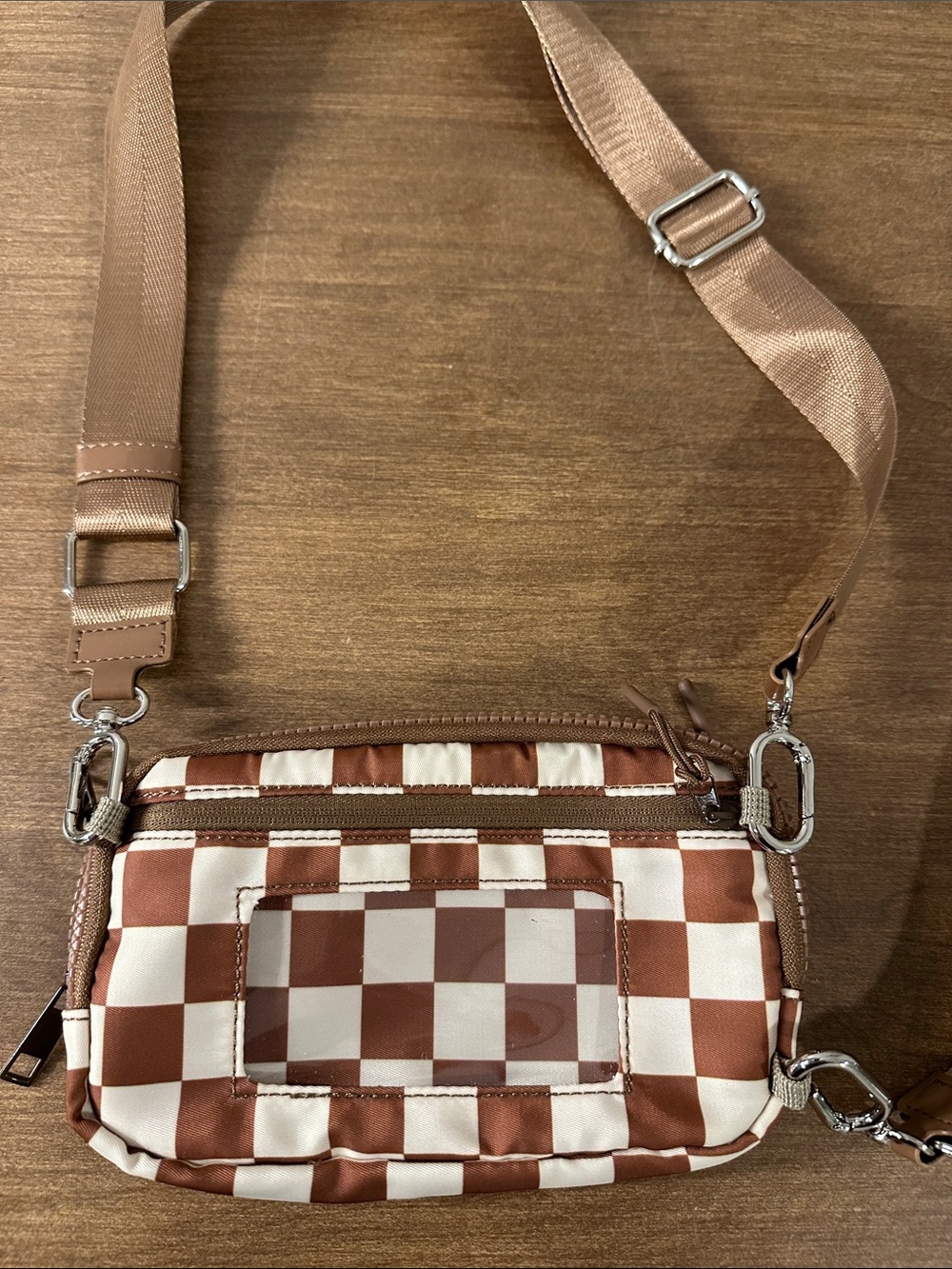 Compact Checkerboard Crossbody Bag - Brown & Cream